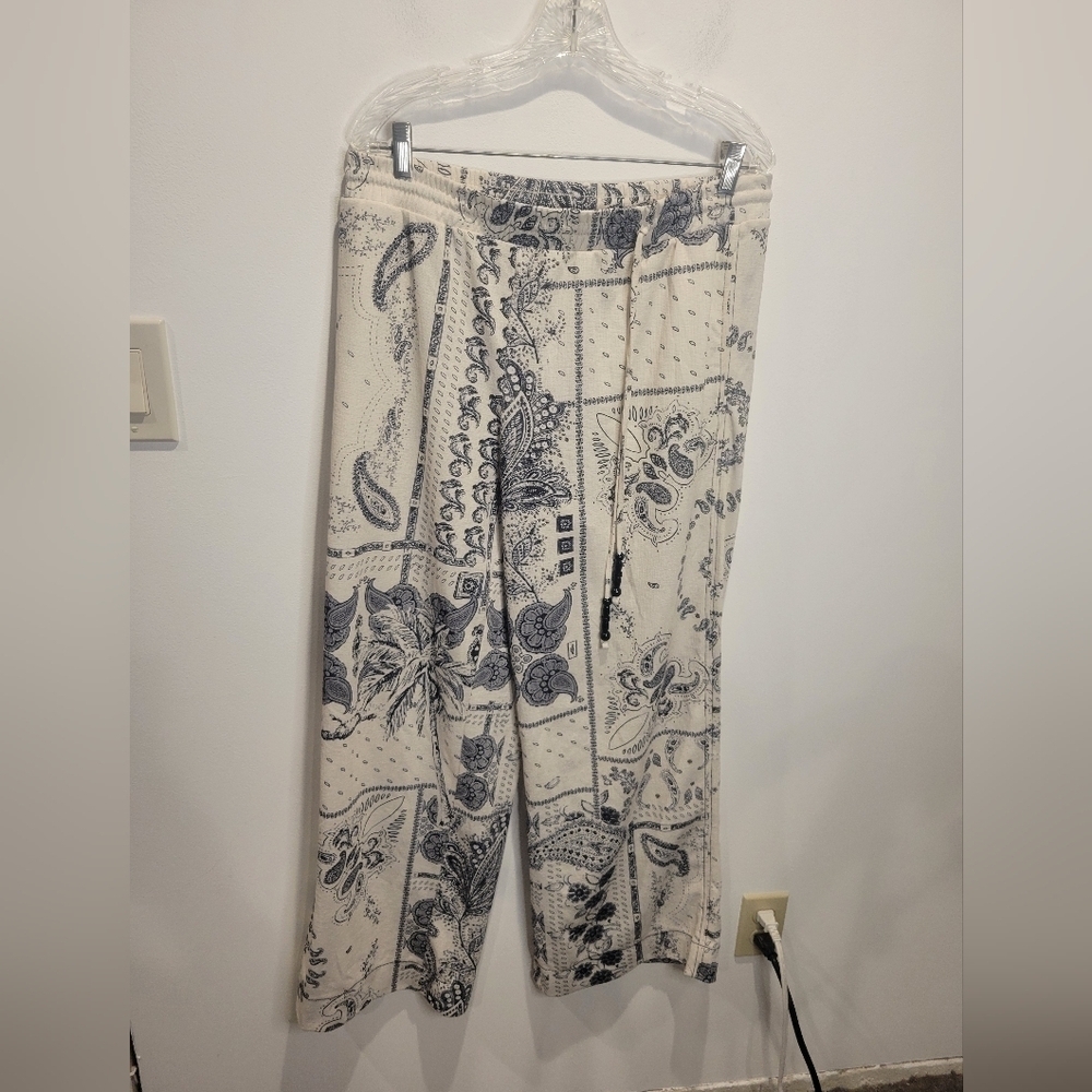H&M Size L Cream/black Boho Cotton Blend Drawstring Wide Leg Pants